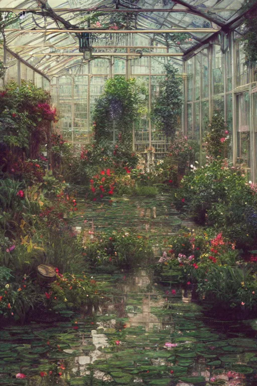 Prompt: a beautiful painting of a greenhouse, rainy, gloomy and depressed, dark, shimmering and prismatic, lumion render, rococo, by krenz cushart and mucha and monet, trending on artstation.