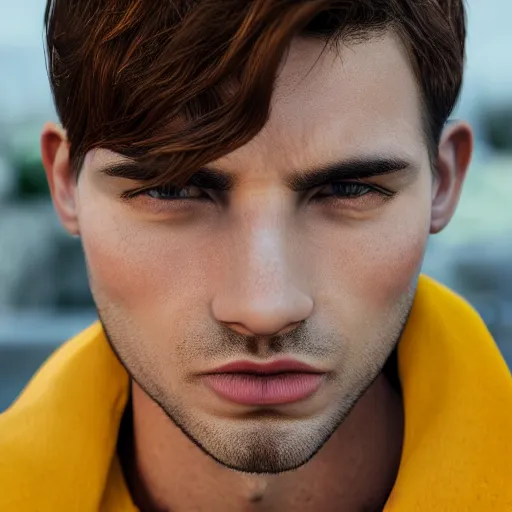 Prompt: attractive man face symettry masculine traits brown hair yellow eyes clean skin highly detailed highly realistic 8 k photo realistic