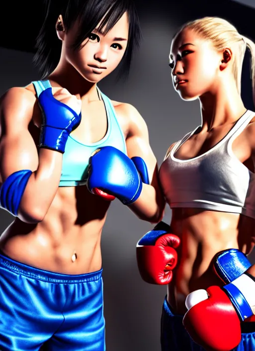 Prompt: two beautiful female fighters standing off in gym, dim lighting, gorgeous features, high resolution, smooth anime art