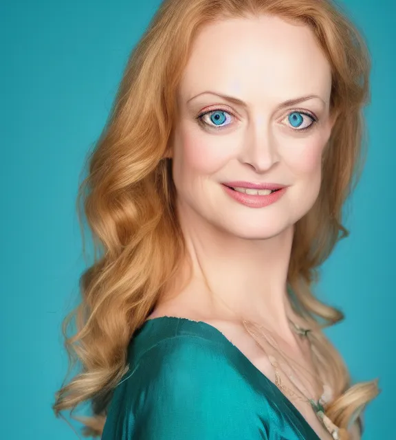 Image similar to beautiful portrait photo of Heather Graham, slight smile, 85mm, teal studio backdrop