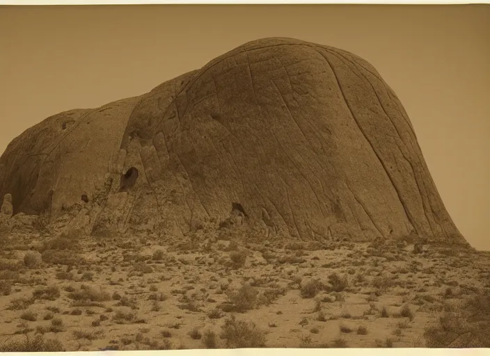 Image similar to Distant view of a huge inselberg carved by the wind and sand, towering over sparse desert vegetation, rocks and boulder, albumen silver print, Smithsonian American Art Museum