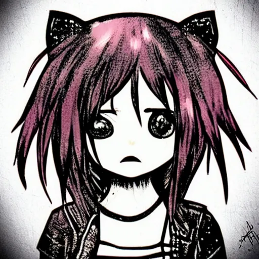 Image similar to punk little girl, profile picture, grunge fashion, reflection, cute artwork, inspired by made in abyss, hello kitty art style gothic style