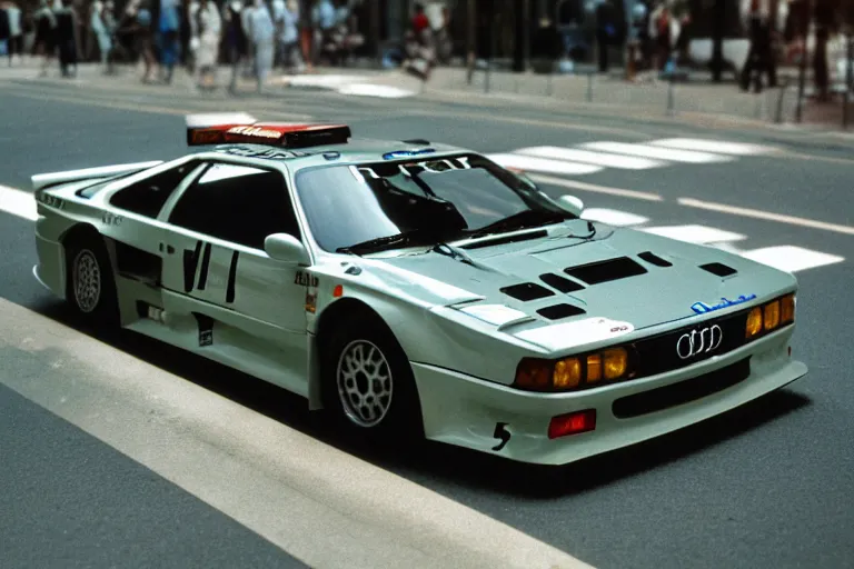 Prompt: single racecar 1 9 9 8 audi quattro, bmw m 1, movie still, vintage footage on tokyo streets, volumetric lighting, f 8 aperture, cinematic eastman 5 3 8 4 film