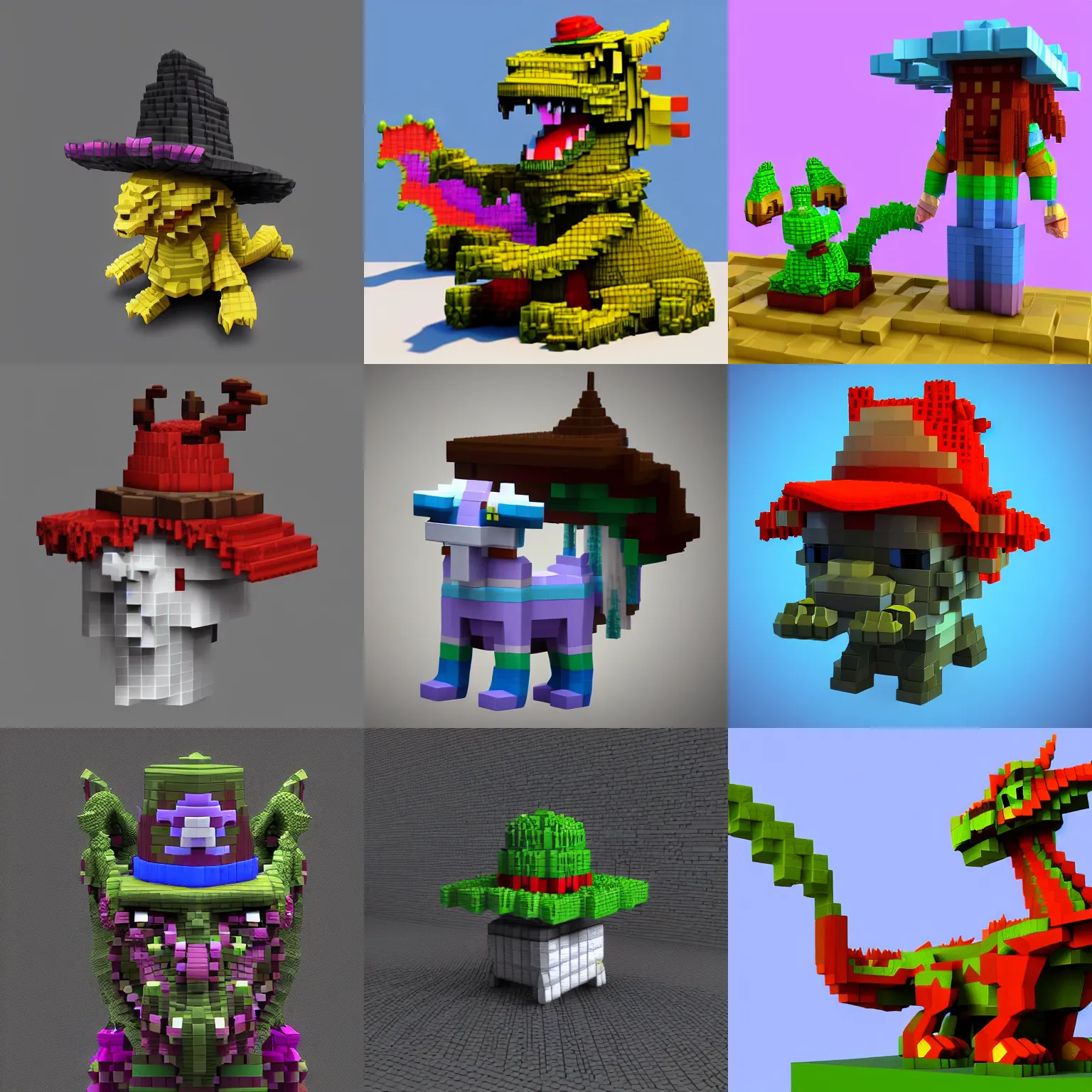 Prompt: A dragon with a hat, voxel art, voxel, render, magica voxel