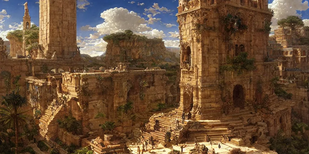 Image similar to tons of people jumping off of a huge biblical tower, golden ratio composition, sense of awe, art by ferdinand knab, greg rutkowski, john william waterhouse, religious, sunlight, highly detailed, intricate details