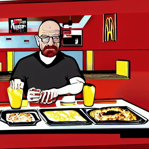 Image similar to walter white eating at mcdonald's, mcdonald's interior background, photo