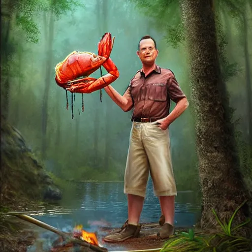 Image similar to Tom Hanks as forrest holding a giant shrimp on a stick over a campfire in the jungle, realistic digital painting, in the style of Aleksi Briclot, photoreailstic, realistic face, amazing detail, sharp