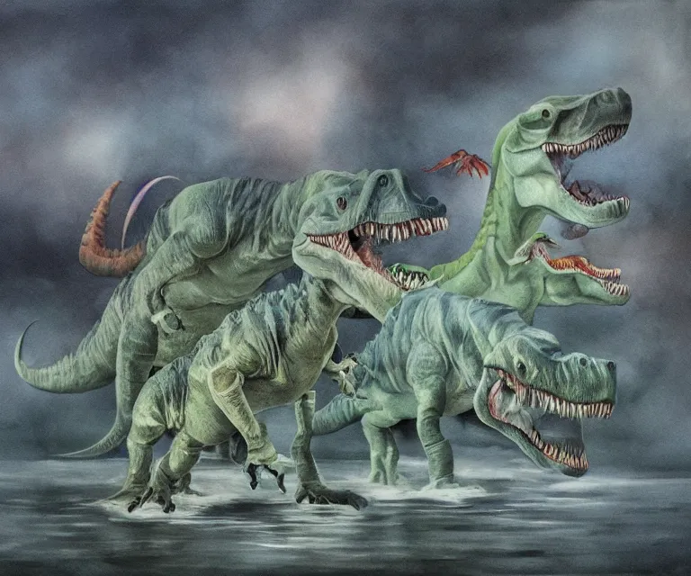 Image similar to mutant dinosaurs, water painting, soft tones, prehistoric