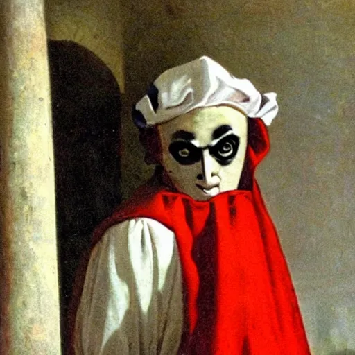 Image similar to Pulcinella with a sinister look on his face in front of Vesuvius