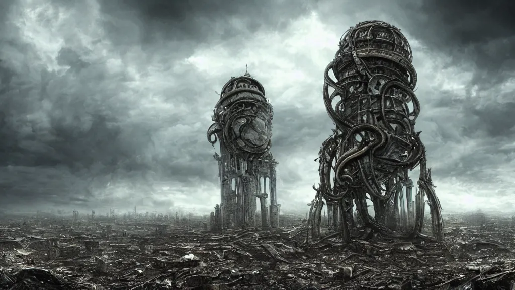 Image similar to A tower with an Eyeball at the top, BioMechanical like Giger, with tentacles coming out, looking over a stormy post-apocalyptic wasteland, dystopian art, wide lens