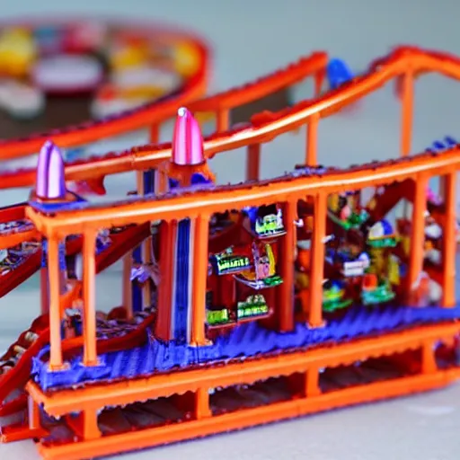 Image similar to a miniature rollercoaster made entirely of various candy and candies