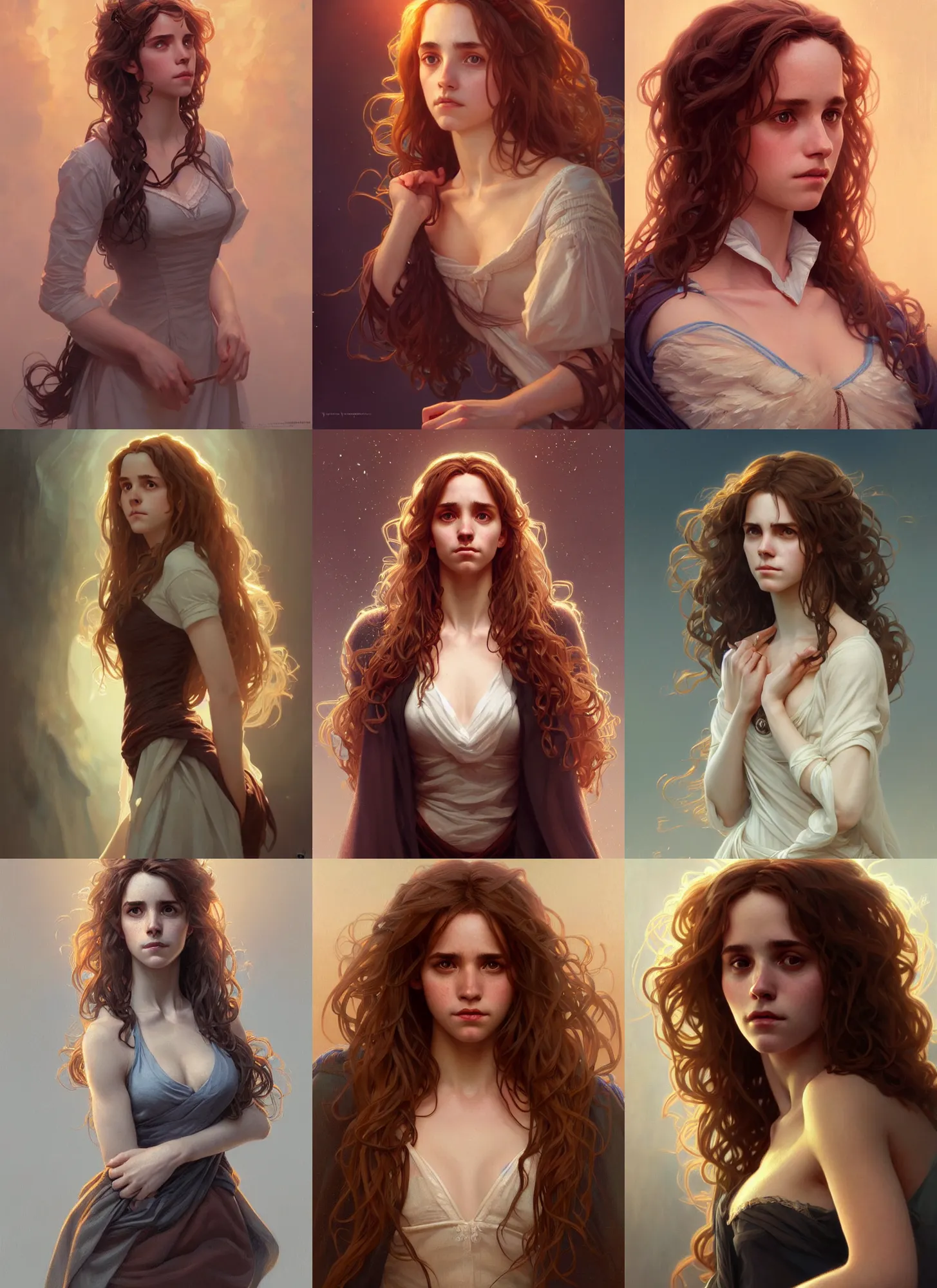 Prompt: alluring portrait of hermione, intricate, full body, highly detailed, digital painting, artstation, concept art, naughty, sharp focus, cinematic lighting, illustration, art by artgerm and greg rutkowski, alphonse mucha, cgsociety