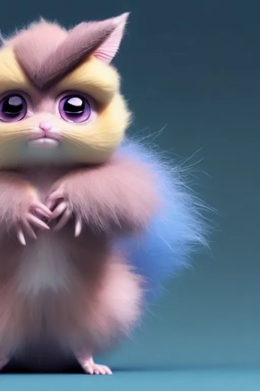 Image similar to high quality 3 d render hyperrealist very cute multipastel fluffy! one - eye cat tarsier hybrid with detailed fluffy wings!!, vray smooth, in the style of detective pikachu, hannah yata charlie immer, dramatic blue light, low angle, uhd 8 k, sharp focus