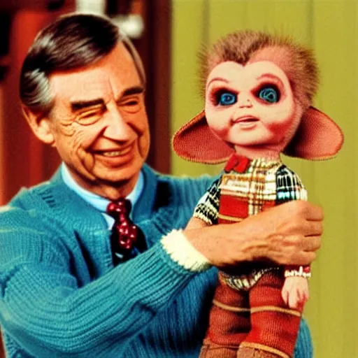 Prompt: Mr. Rogers holding Chucky the killer doll from the movie Child's Play