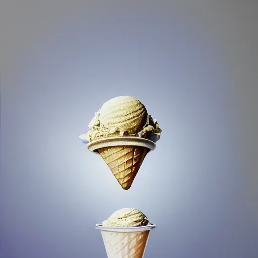 Image similar to Hyperrealistic symmetric painting of a levitating ice cream cone filled with mirror-like liquid mercury