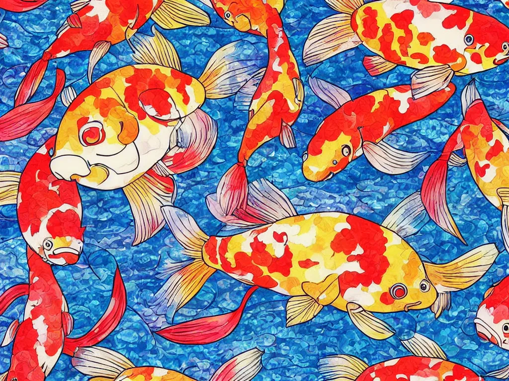 Prompt: colorful koi carp collage illustration pattern, tiny, small, miniature, short, cute and adorable, digital painting, highly detailed, intricate, elegant, artstation, concept art, colorful, beautiful, studio ghibli, aoshima chiho, takashi murakami, manga, cute and adorable