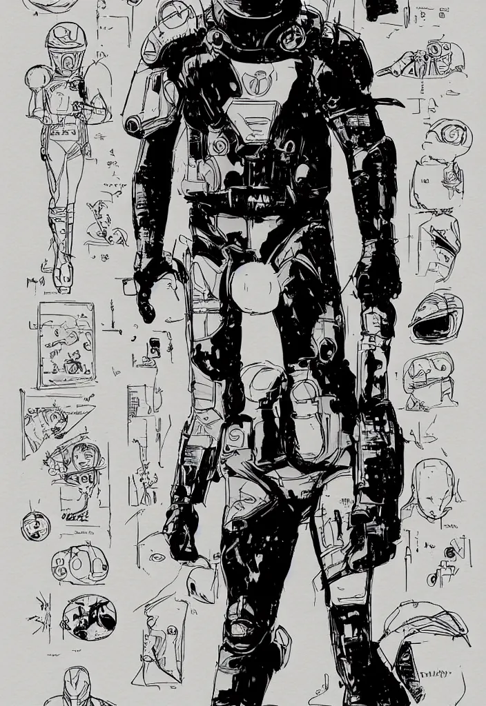 Prompt: male, heroic figure, space suit with a modern helmet, science fiction, sketch, character sheet, very stylized, digital art, illustration, pen and ink, digital painting, by mike mignola, by alex maleev