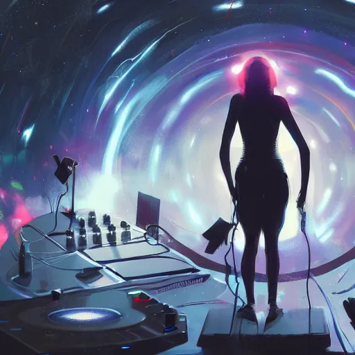 Image similar to Djing in front of the universe, digital art, trending on artstation, by Greg Rutkowski, 4K