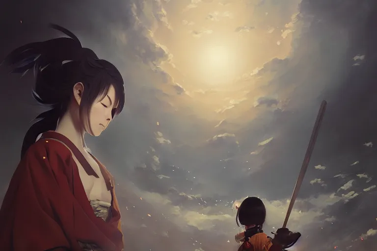 Image similar to baroque oil painting of anime key visual concept art of a samurai girl, very anime, stars vackground, trending on artstation, oil on canvas, style of makoto shinkai greg rutkowski studio ghibli