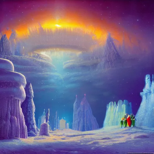Prompt: hd wallpaper of ice castles in the north pole, artwork by paul lehr