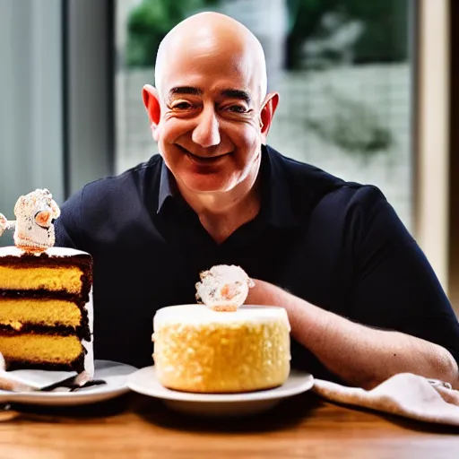 Prompt: Obese Jeff Bezos eating cake, XF IQ4, 150MP, 50mm, F1.4, ISO 200, 1/160s, natural light