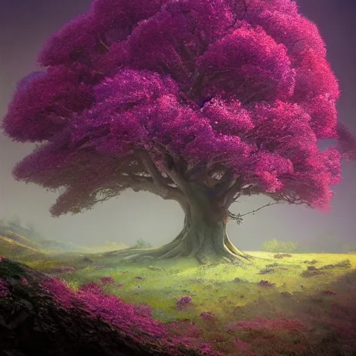 Image similar to a big tree on a mountain with purple leaves and some leaves falling retro digital painting, artstation, concept art, soft light, hdri, smooth, sharp focus, illustration, fantasy, intricate, elegant, highly detailed, D&D, matte painting, in the style of Greg Rutkowski and Alphonse Mucha and artemisia, 8k, highly detailed, jurgens, rutkowski, bouguereau, pastoral, rustic, georgic