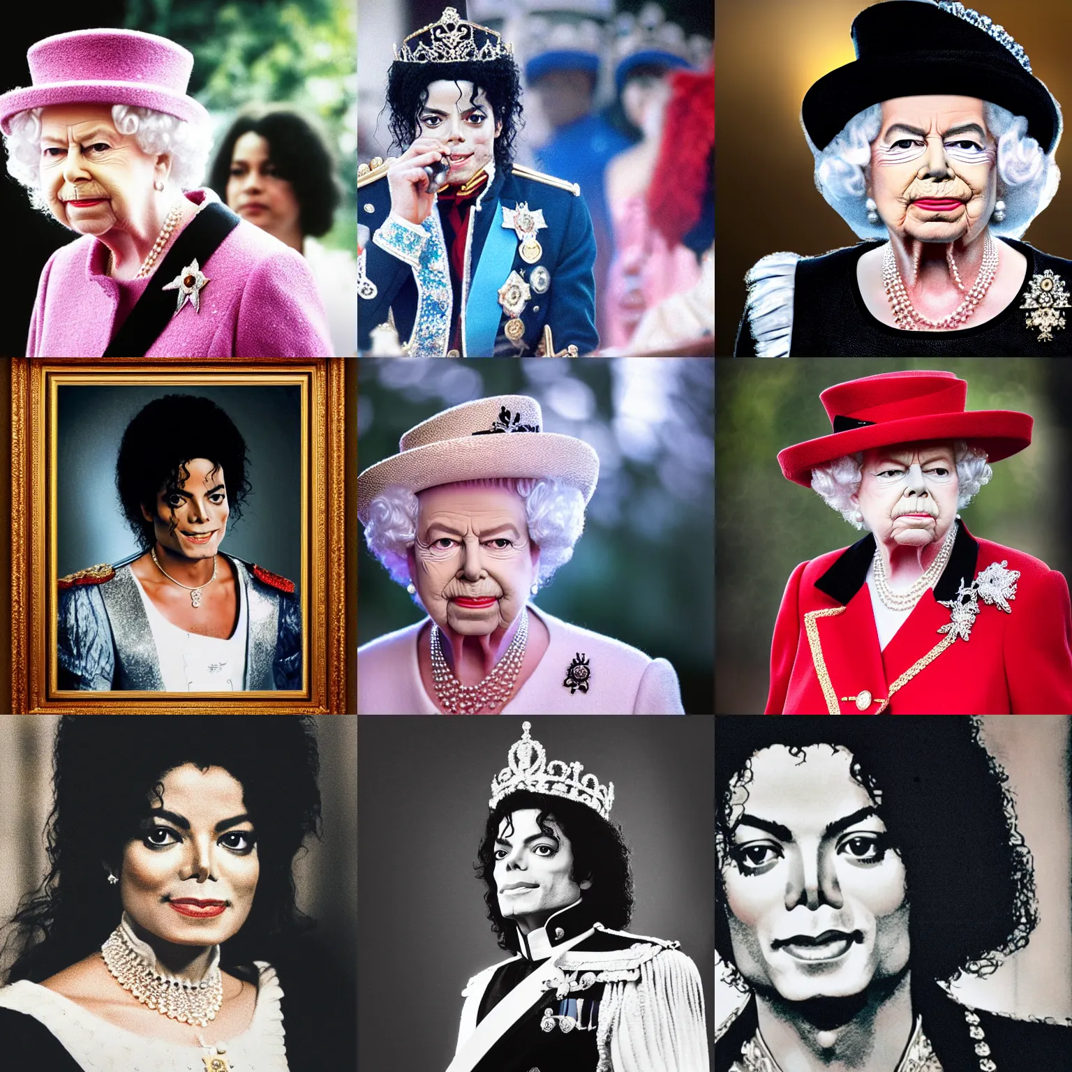 Prompt: Michael Jackson as Queen Elizabeth, portrait photograph, depth of field, bokeh, mood lighting