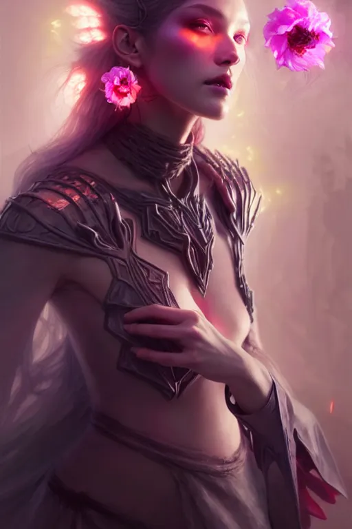 Image similar to beautiful necromancer girl, sorceress turning into flowers, three - dimensional rendering, hyperrealistic detailed portrait holding light and electricity, ruan jia, clap. scifi, fantasy, magic the gathering, overdetalized, octane rendering, concept art by artgerm, peter murbacher