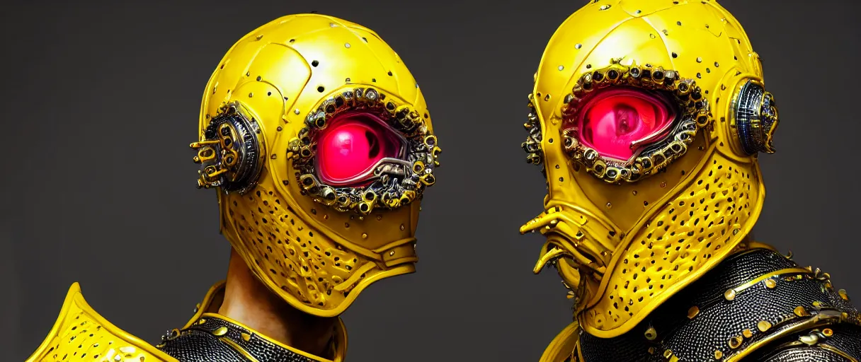 Image similar to hyperrealist highly detailed english medieval portrait of high fashion monster wearing car part yellow cab armor, radiating atomic neon corals, concept art pascal blanche dramatic studio lighting 8k wide angle shallow depth of field