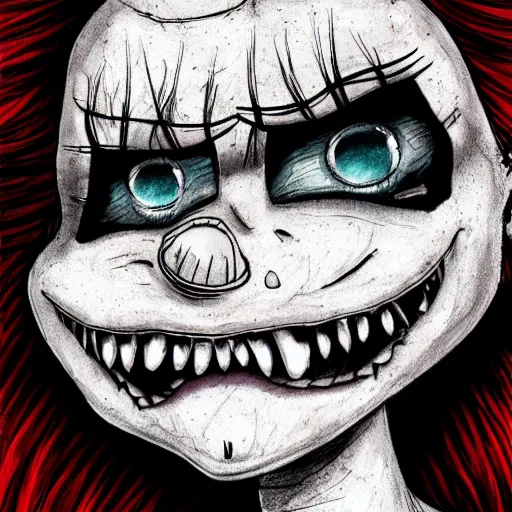 Prompt: grunge drawing of a red hair cartoon clown monster with big bloody eyes and a wide smile by mrrevenge, corpse bride style, horror themed, detailed, elegant, white background, intricate