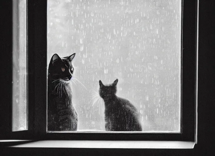 Image similar to photography of a Cat . watching outside the window while it rains. on a bed. in a 70's room full of vinyls and posters, photorealistic, raining award winning photo, 100mm, sharp, high res