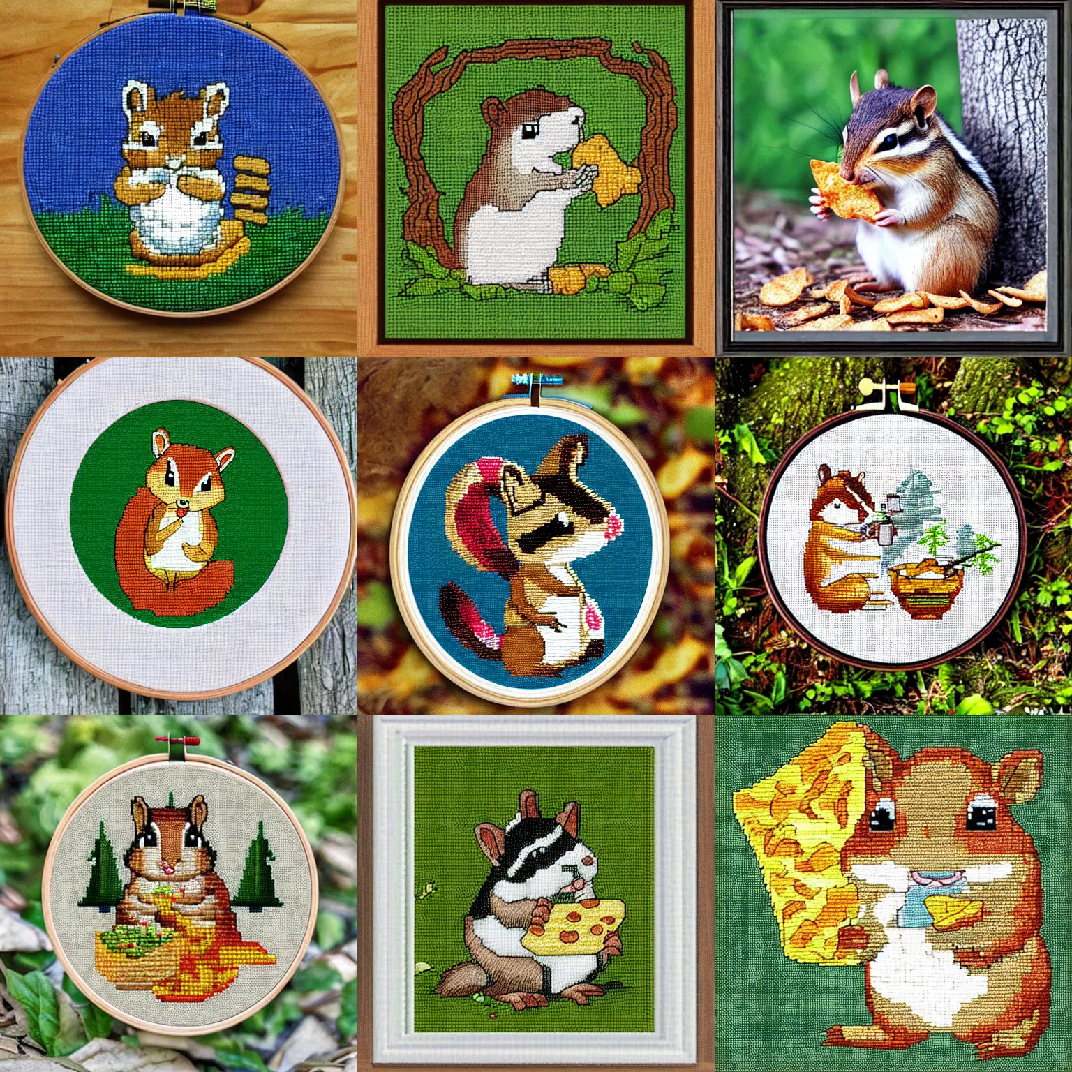 Prompt: a chipmunk eating potato chips in the forest, cross stitch design