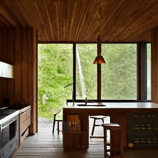 Prompt: a modern kitchen inside of a wooden cabin designed by peter zumthor, surrounded by tropical vegetation, poetic architecture, digital painting, greg rutkowski, artstation