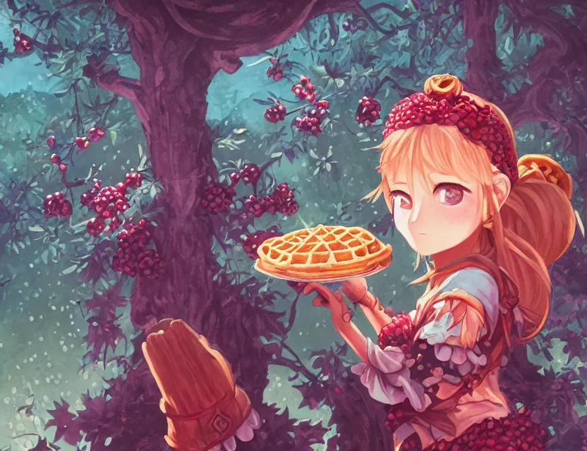 Image similar to berry priestess of the waffle mountains. gouache by award - winning mangaka, chiaroscuro, intricate details, bokeh, backlighting, field of depth, safe for work