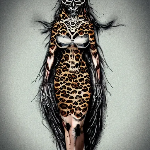 Image similar to Skull that look too much like skull!, crypt lurker!!, 8k CG character rendering of a spider-like hunting female on its back, fangs extended, wearing a leopard-patterned dress, set against a white background, with textured hair and skin.