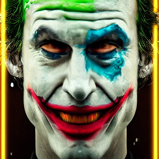 Image similar to cinematic portrait of steve burns as the joker, perfect face, neon rain, moody, elegant, by alyssa monks, highly detailed, symmetrical face, fine details, masterpiece, trending on artstation