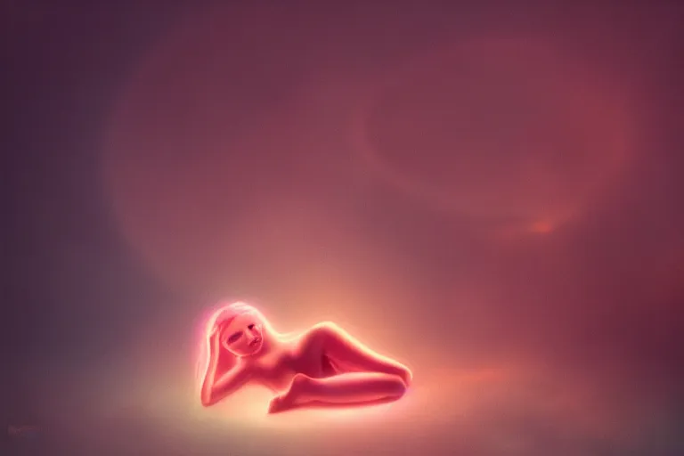 Prompt: a cute alien girl sitting on a cloud relaxing, misty, glows, digital art, hazy, foggy, red lighting, ambient lighting, 8 k,