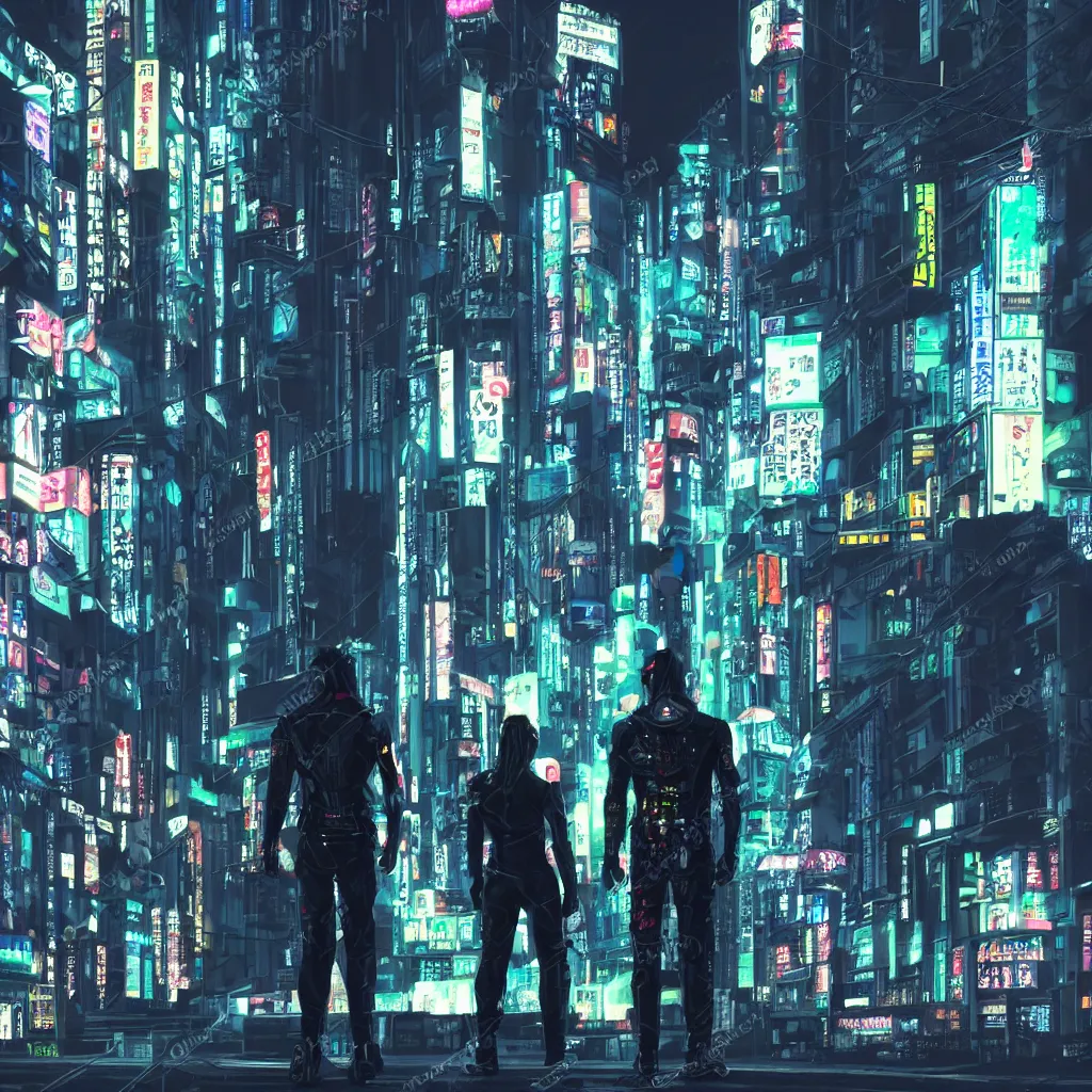 Prompt: cyberpunk android standing in a dark alley looking out to the city in future tokyo at night