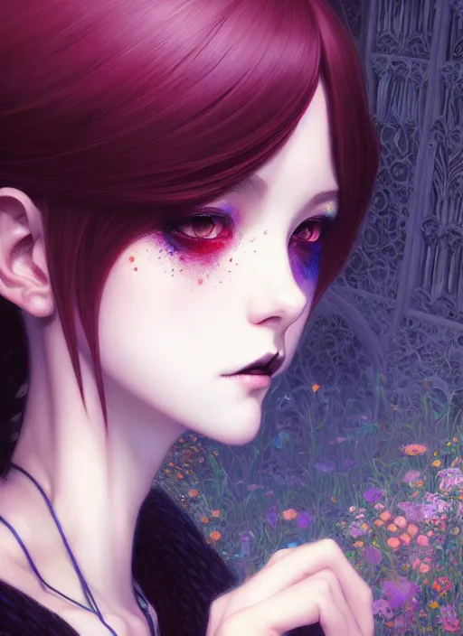 Image similar to portrait of beautiful gothic girl, cute face, intricate, highly detailed, digital painting, official media, anime key visual, concept art, rich vivid colors, ambient lighting, sharp focus, illustration, art by wlop and ilya kuvshinov and makoto shinkai and range murata and gustav klimt