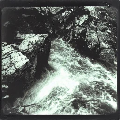 Image similar to looking over the edge of a deep dark shaft with rushing water, creepy, eerie, unsettling, terrifying, jagged rocks, dark, old polaroid, expired film,