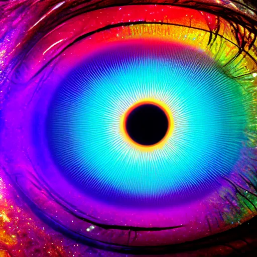 Prompt: the universe reflected in the eye of the universe experiencing itself, psychedelic colors, highly reflective, 4k