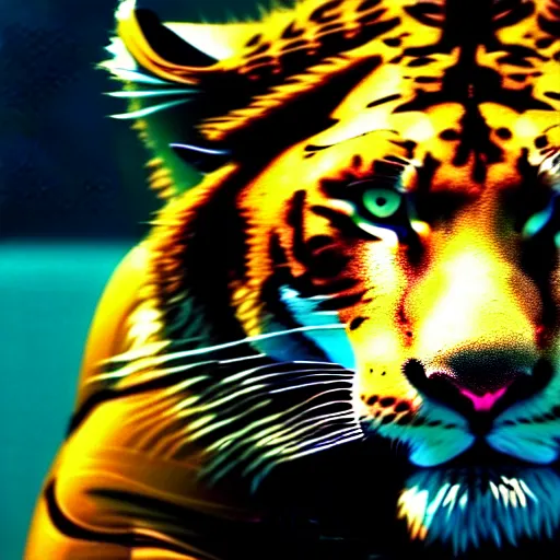 Image similar to mix of puma and jaguar and lion and tiger jumping over a cliff, giant cat monster, 8 k ultra realistic animal, detailed intricate fur, flame in the fur, full of colour, cinematic lighting, battered, trending on artstation, 4 k, hyperrealistic, focused, extreme details, unreal engine 5, cinematic, masterpiece, art by ayami kojima