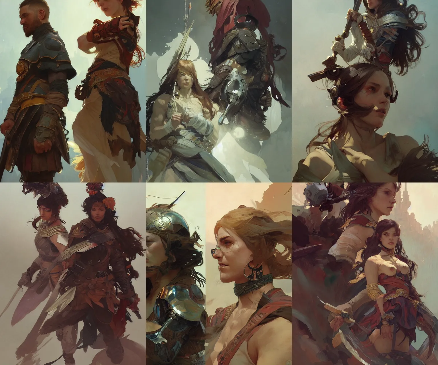 Prompt: A full portrait of two-warriors fighting, highly detailed, digital painting, artstation, concept art, smooth, sharp focus, illustration, art by Krenz Cushart and Artem Demura and alphonse mucha