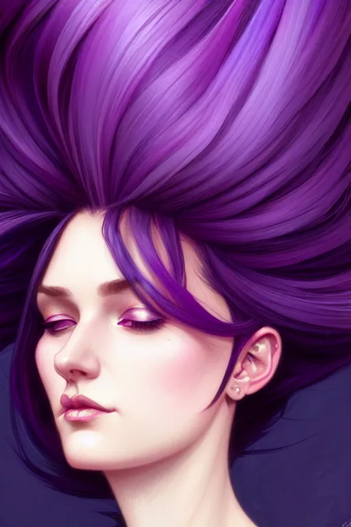 Image similar to Purple hair, creative colouring Portrait of woman face profile, fashion, colored strands of hair, intricate, elegant, highly detailed, digital painting, artstation, concept art, smooth, sharp focus, illustration, art by artgerm and greg rutkowski and alphonse mucha