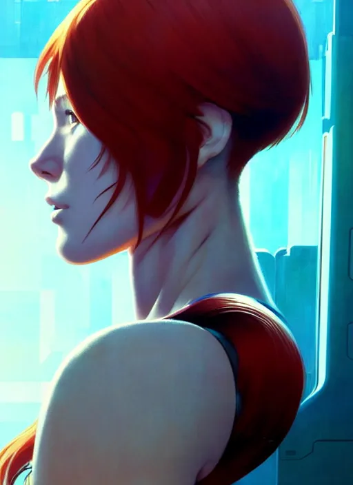 Prompt: side portrait of redhead cyborg girl with robotic parts | | head only in center of image, audrey plaza, fine detail!! anime!! realistic shaded lighting!! poster by ilya kuvshinov katsuhiro otomo ghost - in - the - shell, magali villeneuve, artgerm, jeremy lipkin and michael garmash and rob rey