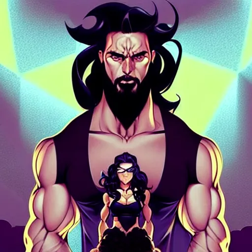 Image similar to a chad with wavy black hair and a beard. muscular. godlike. tank top. using a computer, comic cover art, artgerm, joshua middleton, pretty stella maeve witch doing black magic, serious look, purple dress, symmetrical eyes, symmetrical face, long black hair, full body, twisted evil dark forest in the background, cool colors