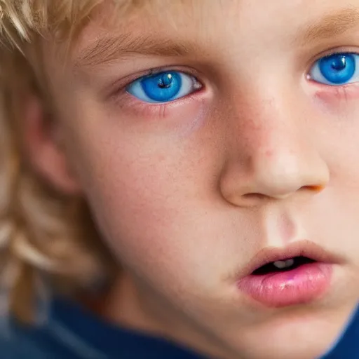 Image similar to a closeup portrait of a boy with blonde hair and light blue eyes. Extremely clear and high quality eyes with reflection, realistic face and details, clear lips and high quality