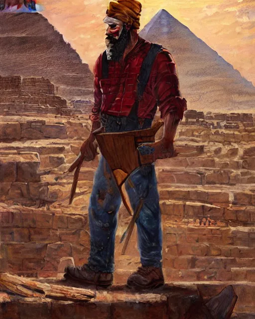 Prompt: detailed painting of an american lumberjack in front of the gizeh pyramids of egypt, deep focus, good lighting, rules of composition, intricate, greg rutkowski, magali villeneuve and monet