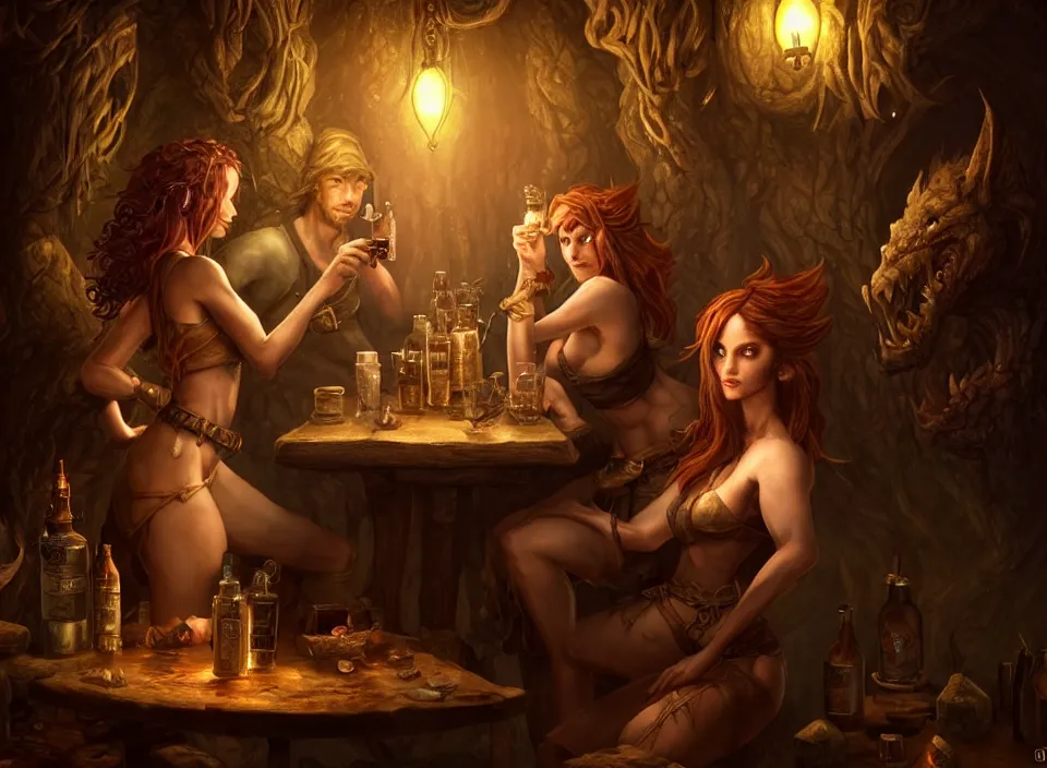 Prompt: a beautiful adventuring drinking couple, dimly-lit cozy tavern, relaxed pose, fantasy art, detailed painterly digital art style by Julie Bell, d&d vibe, various clothing and hair styles, 🍸, 8k octane beautifully detailed render, post-processing, extremely hyperdetailed, intricate, epic composition, grim yet sparkling atmosphere, cinematic lighting + masterpiece, trending on artstation, very detailed, vibrant colors