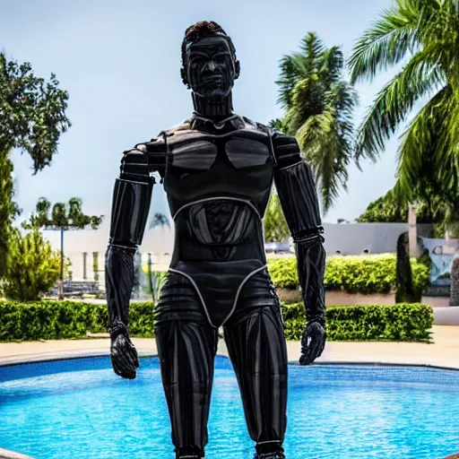 Image similar to a realistic detailed photo of a guy who is an attractive humanoid who is half robot and half humanoid, who is a male android, wrestler zack ryder, shiny skin, posing like a statue, blank stare, by the pool, on display, showing off his muscles, humanoid robot, frozen ice statue